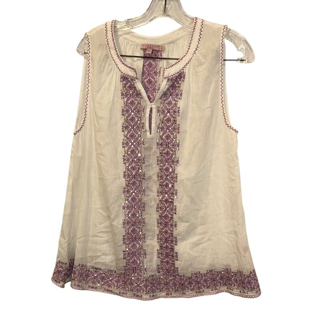 Calypso St barth white purple ethnic sequin embroidered tunic top S